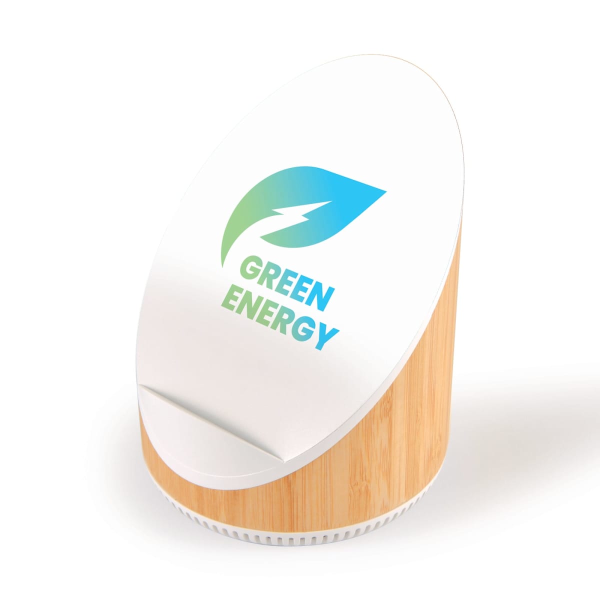 A white and bamboo-textured desk accessory features a tilted surface with a logo of a green and blue leaf containing a lightning bolt. The text Green Energy is displayed below the leaf.