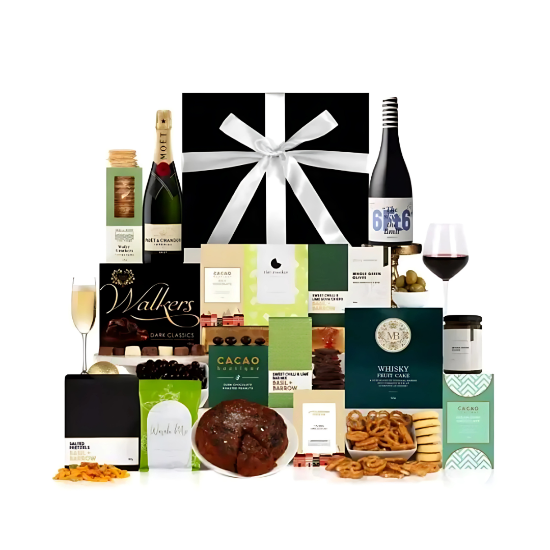 Moet Champagne Feast Set: includes chocolate, pretzels, and gourmet treats.