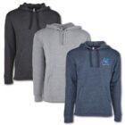 Three hooded sweatshirts in black, gray, and blue, shown side by side.
