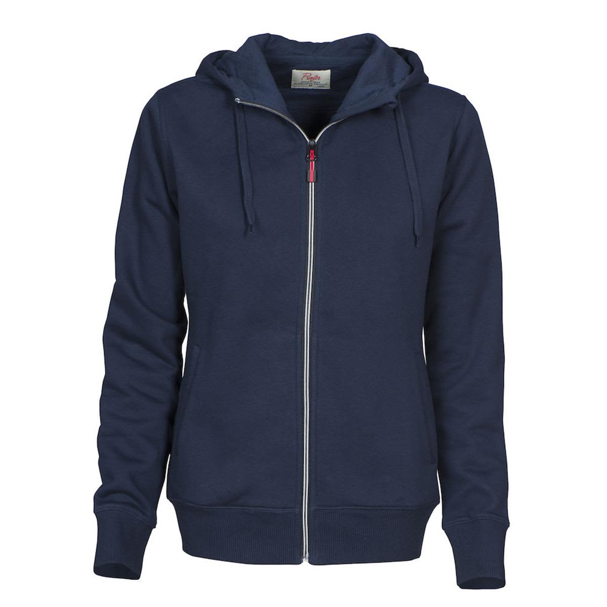 Navy blue zip-up hoodie with front pockets and a drawstring hood.