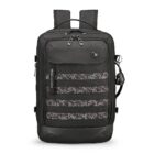 Black rectangular backpack with front zipper pocket and patterned horizontal stripes.