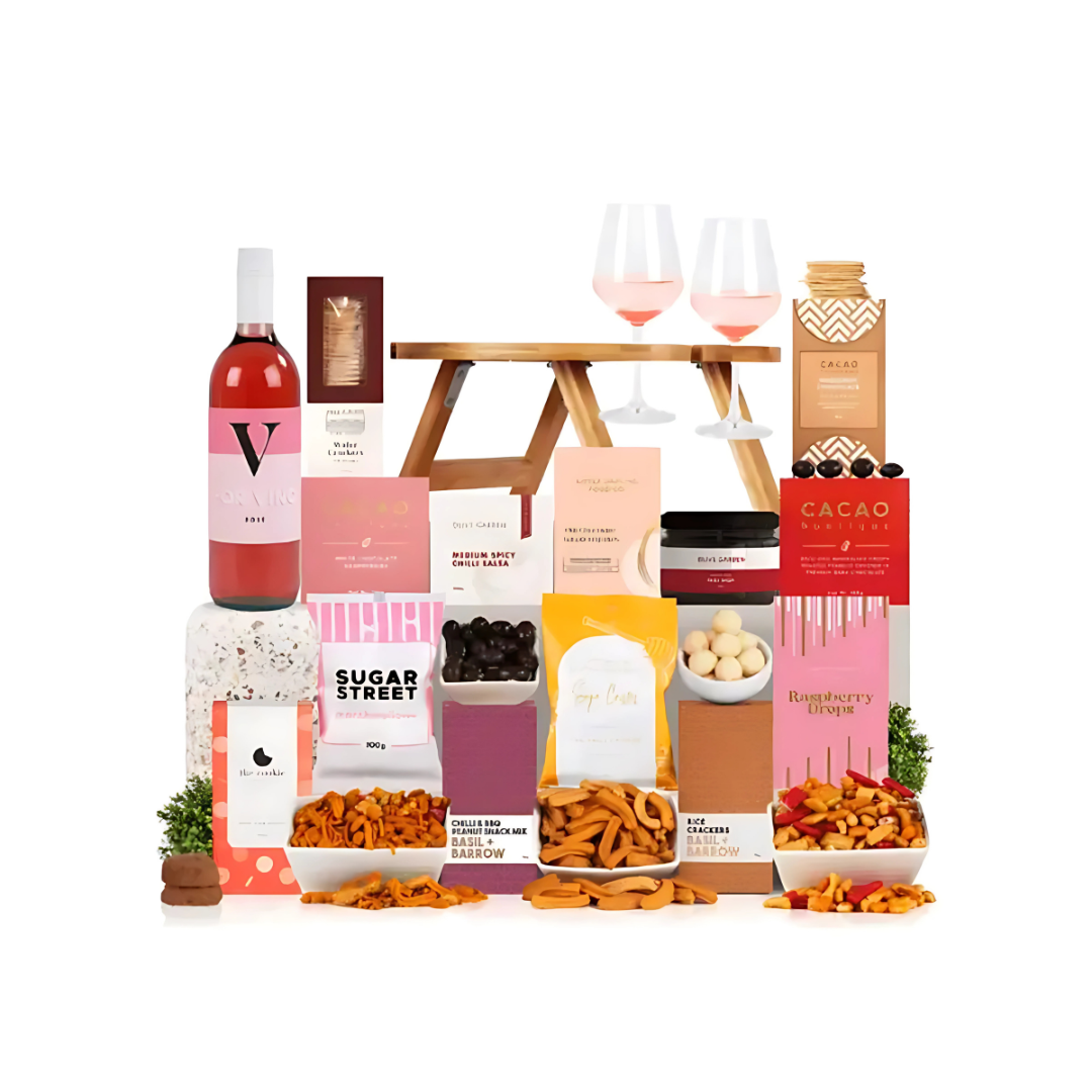 Serenia Picnic Table Set with wine, gourmet snacks, and glasses.