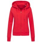 Red zip-up hoodie with drawstring hood and front pockets against a white background.