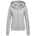 Gray zip-up hoodie with a drawstring hood and front pockets.