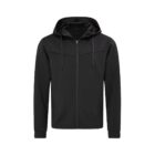 Black zip-up hoodie with a drawstring hood on a white background.