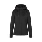 Black zip-up hoodie with drawstrings, front view, isolated on white background.