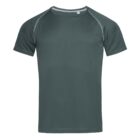 Dark green short-sleeve t-shirt with gray stitching on a plain background.