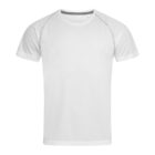 White short-sleeve T-shirt with grey seams on a plain background.