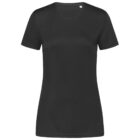 Black crew neck t-shirt on a white background.