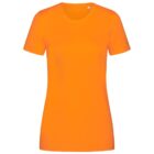 Bright orange short-sleeve T-shirt with a crew neck on a white background.