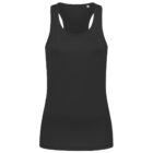 Black sleeveless tank top with a racerback design on a white background.