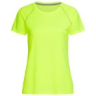 Bright yellow-green short-sleeve athletic shirt on a white background.
