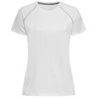 White short-sleeve t-shirt with gray stitching details on the shoulders.