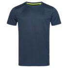 A plain dark blue T-shirt with a round neck and short sleeves.