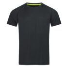 Black short-sleeve t-shirt with a round neck on a white background.
