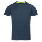 A plain navy blue short-sleeve T-shirt on a white background.
