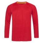 Red long-sleeve crew neck shirt on a white background.