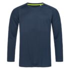 Dark blue long-sleeve shirt with a simple design and round neck.