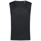 Sleeveless black athletic top on a plain white background.