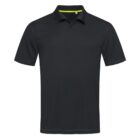 Black polo shirt with a collar and short sleeves.