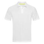 White polo shirt with buttons and a collar on a plain background.