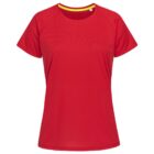 Red short-sleeve athletic T-shirt with yellow inner collar.