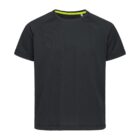 Black T-shirt with short sleeves and a subtle yellow neckline detail.