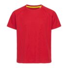 Plain red T-shirt with crew neckline against a white background.