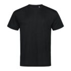 A plain black T-shirt on a white background.