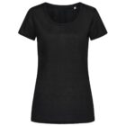 Plain black short-sleeve T-shirt with a round neck on a white background.