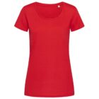 Red short-sleeve T-shirt with a round neckline, displayed on a plain white background.