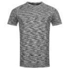 Gray and black heathered short-sleeve athletic shirt on white background.