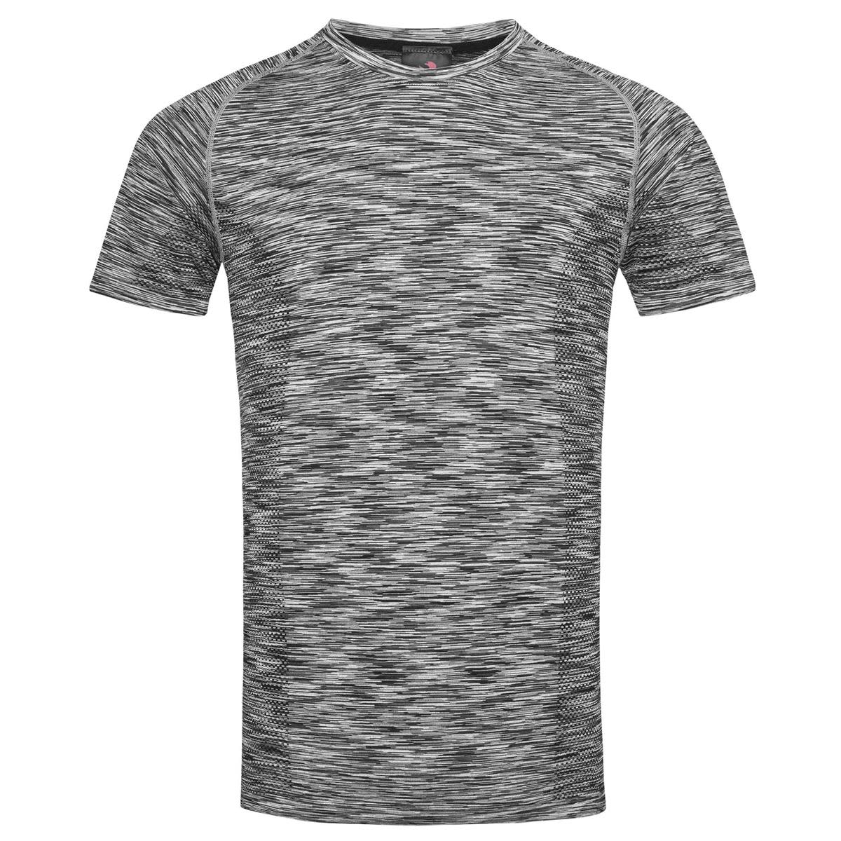 Gray and black heathered short-sleeve athletic shirt on white background.