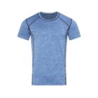 Blue short-sleeve athletic shirt with black seam detailing on a white background.