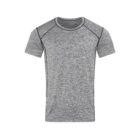 Gray athletic t-shirt with black seams on a white background.
