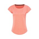 Coral pink short-sleeve T-shirt with a round neckline on a white background.