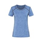 Blue athletic T-shirt with black seams and a round neckline on a white background.