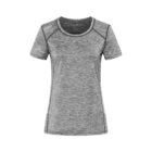 Gray short-sleeve athletic shirt with black stitching details.