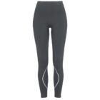 Dark gray high-waisted leggings with white curved lines on the lower leg.