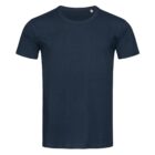Dark blue, plain short-sleeve T-shirt on a white background.
