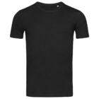 A plain black t-shirt on a white background.
