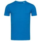 Blue short-sleeved T-shirt, front view, on a white background.