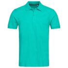Turquoise polo shirt with collar and short sleeves on a white background.