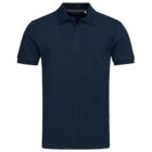Navy blue polo shirt with short sleeves and a collar, displayed on a white background.
