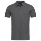 Dark gray polo shirt with short sleeves and a collar, displayed against a white background.