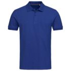 Blue polo shirt with short sleeves on a white background.