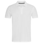 White polo shirt with short sleeves and a collar, displayed on a plain background.
