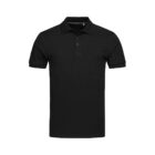 Black polo shirt with a collar and short sleeves, displayed on a plain white background.