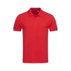 Red polo shirt with a collar and short sleeves on a white background.