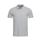 Gray short-sleeve polo shirt with a collar and buttons, displayed on a plain background.